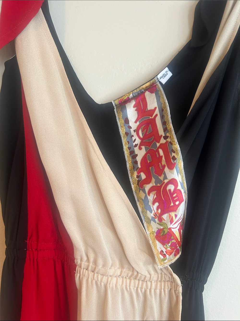 L.A.M.B. Colorblock Tie-Shoulder Midi Dress in Red, Cream & Black - Picture 2 of 7